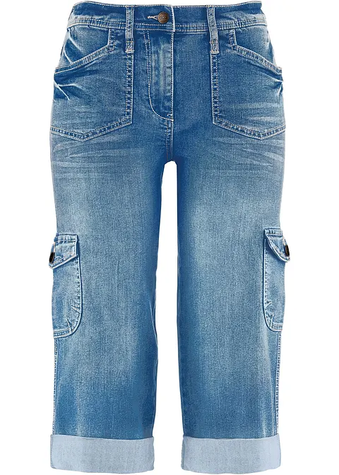 Cargo Jeans, Mid Waist, Stretch in blau von vorne - bonprix