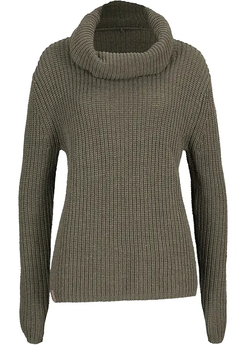 Grober Strickpullover mit weitem Kragen in grün von vorne - bonprix