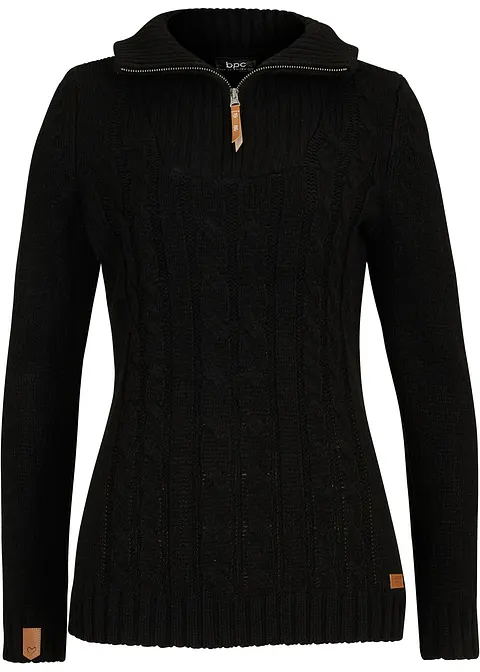 Troyer Pullover mit Zopfmuster in schwarz von vorne - bonprix