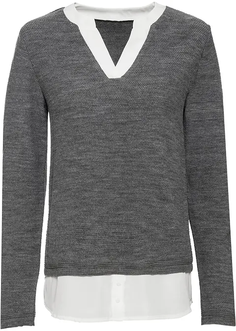 Pullover mit Bluseneinsatz in grau von vorne - bonprix