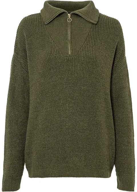 Pullover mit Reißverschluss in grün von vorne - bonprix