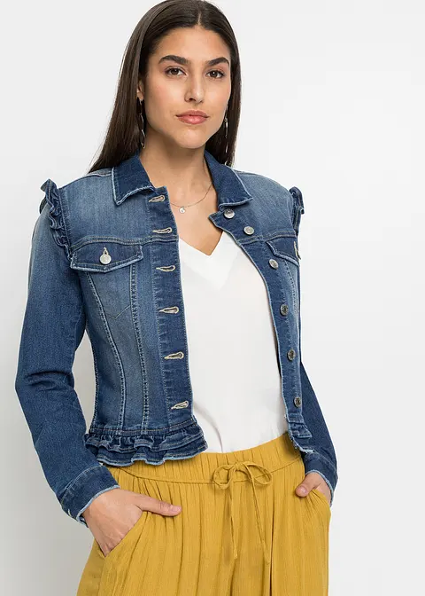 Jeansjacke mit Volants in blau von vorne (im Anschnitt) - bonprix