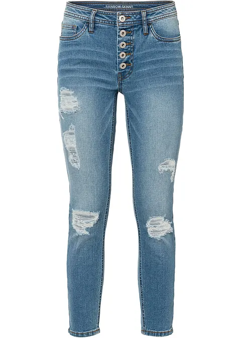 Skinny-Jeans, Mid Waist, Destroyed in blau von vorne - bonprix