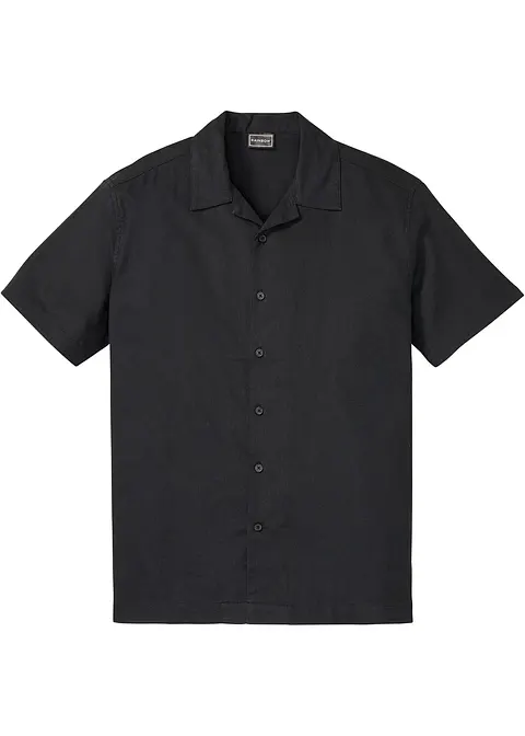 Kurzarmhemd mit Leinen, Loose Fit in schwarz von vorne - bonprix