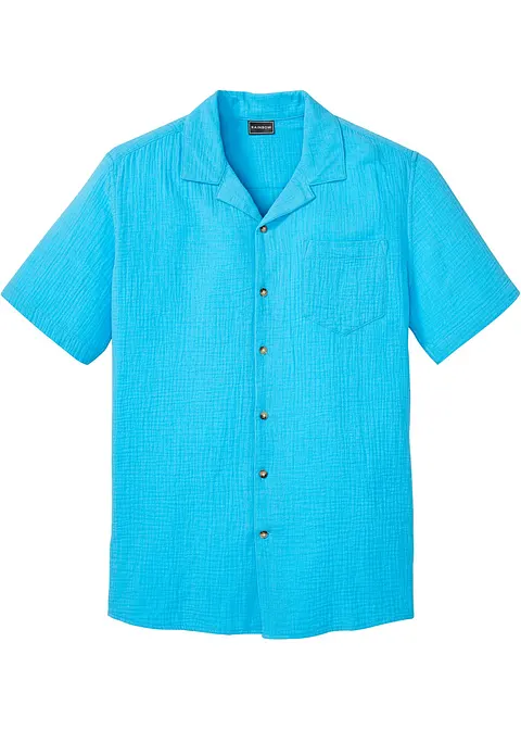 Musselin-Kurzarmhemd aus reiner Baumwolle in blau von vorne - bonprix
