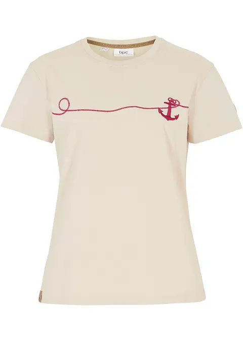 Besticktes T-Shirt in beige von vorne - bonprix