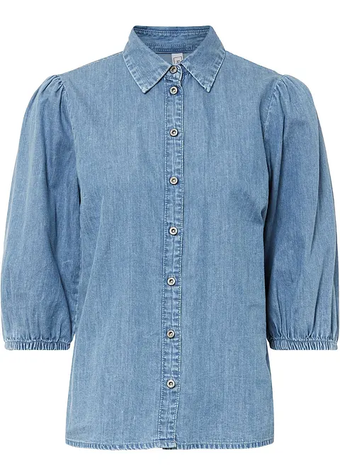 Jeansbluse mit Puffärmeln aus Bio-Baumwolle in blau von vorne - bonprix