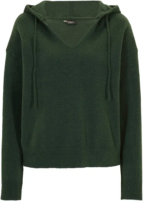 Strick-Pullover mit V-Ausschnitt und Kapuze in grün von vorne - bonprix
