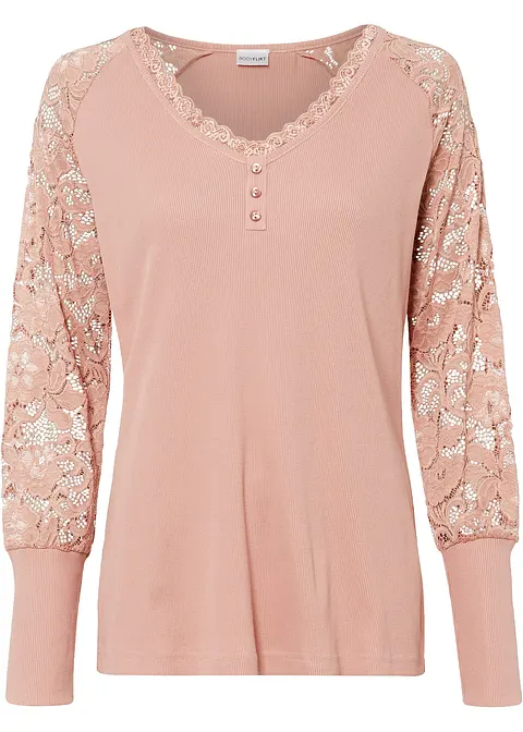 Langarmshirt mit Spitze in rosa von vorne - bonprix