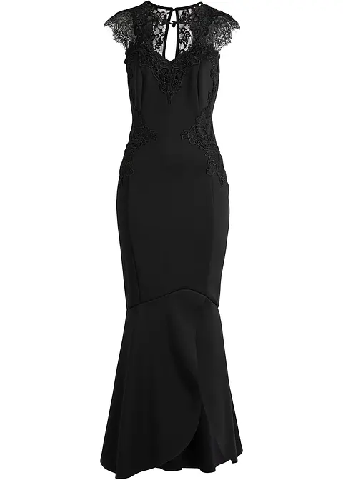 Maxikleid aus fester Scuba-Qualität mit Spitze in schwarz von vorne - bonprix