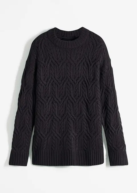 Rundhals-Pullover mit Zopfmuster in schwarz von vorne - bonprix