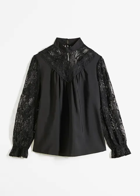 Bluse mit Spitze in schwarz von vorne - bonprix