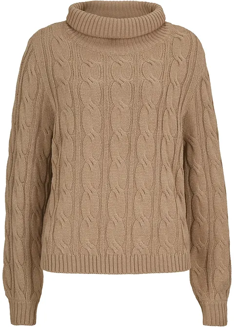 Rollkragenpullover mit Zopfmuster in braun von vorne - bonprix