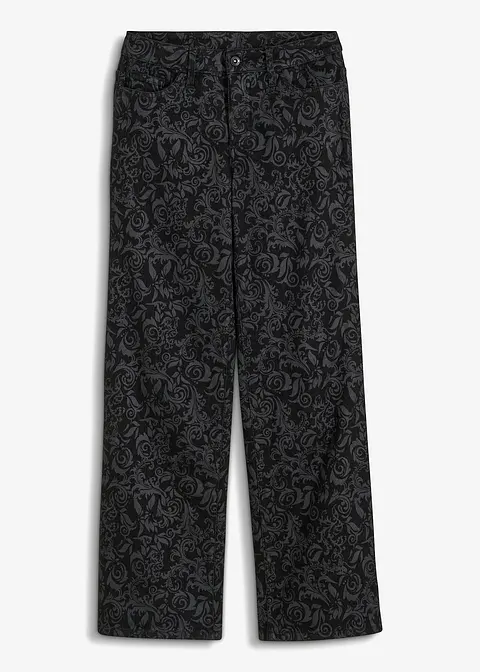 Wide-Leg-Jeans, Mid Waist  mit Glanzmuster in schwarz von vorne - bonprix