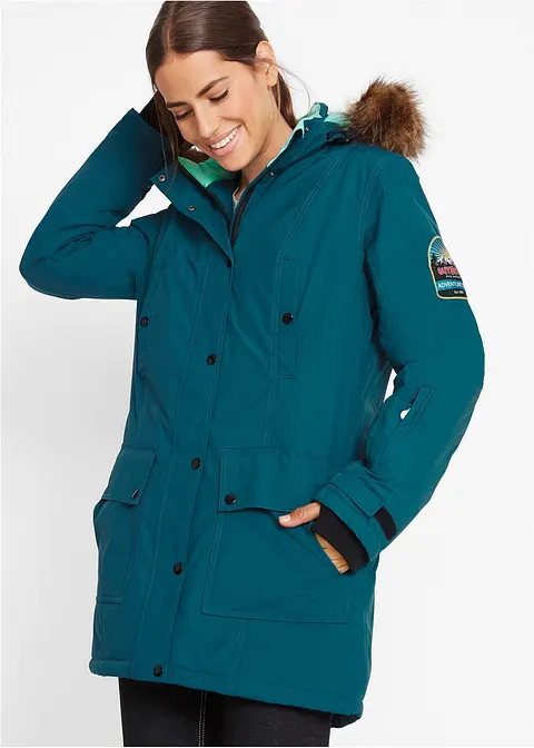 Funktions-Outdoor-Longjacke mit Kapuze, wasserdicht in petrol von vorne (im Anschnitt) - bonprix