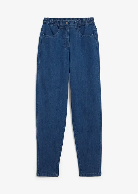 Mom-Jeans, High Waist, Stretch in blau von vorne - bonprix