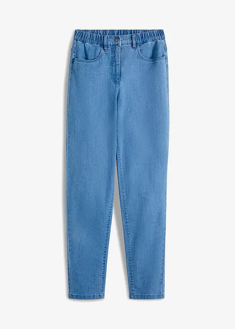 Mom-Jeans, High Waist, Stretch in blau von vorne - bonprix