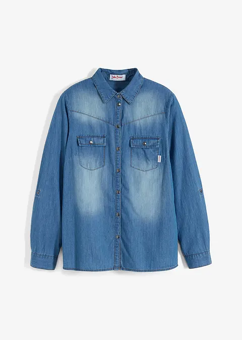 Jeansbluse mit Druckknöpfen, Langarm in blau von vorne - bonprix