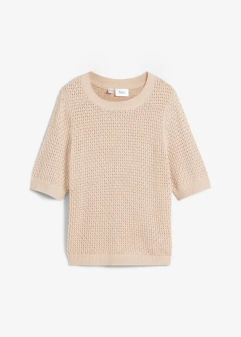 Strickshirt, halbarm in beige von vorne - bonprix