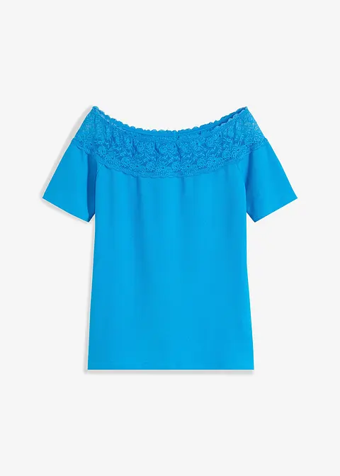 Carmenshirt mit Spitze, struckturiert in blau von vorne - BODYFLIRT boutique