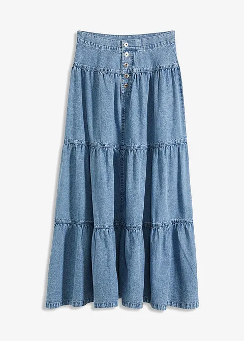 Jeans Stufenrock mit Knopfleiste in blau von vorne - bonprix