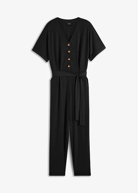 Jumpsuit aus Strukturjersey mit Bindegürtel , knöchelfrei in schwarz von vorne - bpc bonprix collection