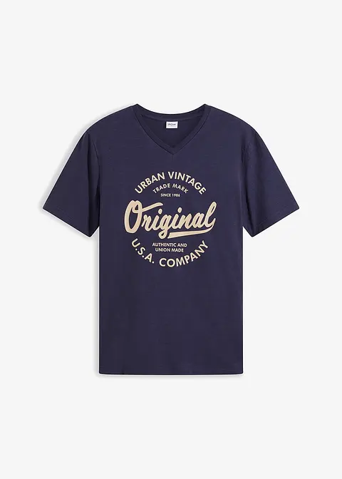 T-Shirt mit V-Ausschnitt aus reiner Baumwolle in blau von vorne - bonprix