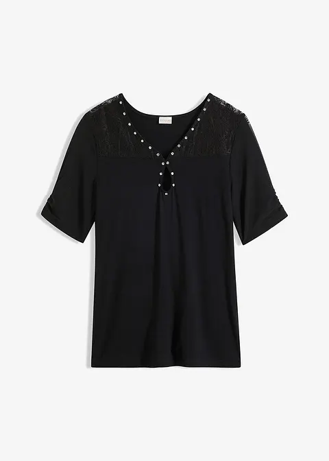 Shirt mit Spitze in schwarz von vorne - bonprix