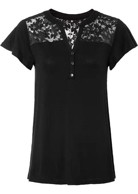 Henleyshirt mit Spitze in schwarz von vorne - bonprix