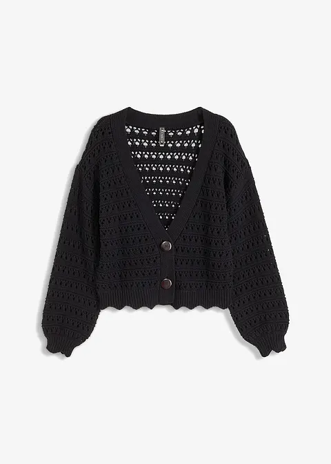 Ajour-Strickjacke aus reiner Baumwolle in schwarz von vorne - bonprix