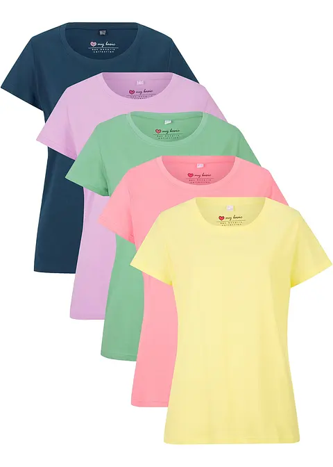 Rundhals-Shirt, Kurzarm (5er Pack) in rosa von vorne - bonprix