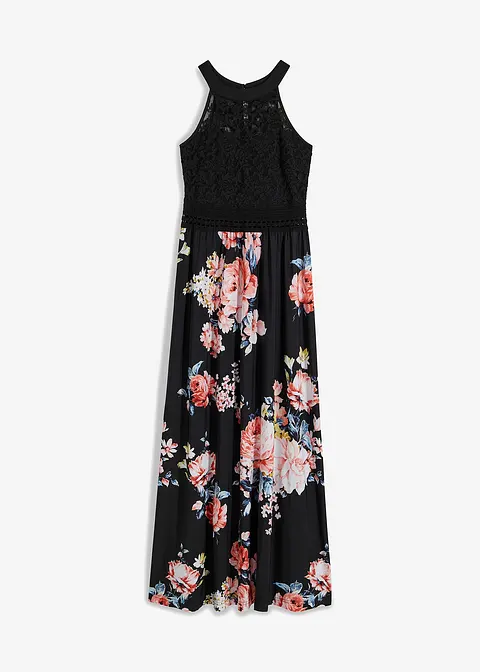 Sommer-Maxikleid mit Blumen-Print und Spitze in schwarz von vorne - bonprix