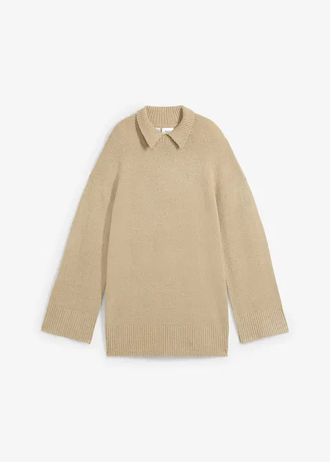 Oversize Pullover mit Turtleneck und Seitenschlitzen in beige von vorne - bonprix