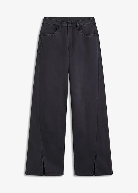 Wide-Leg-Jeans, High Waist, Schlitzdetail in schwarz von vorne - bonprix