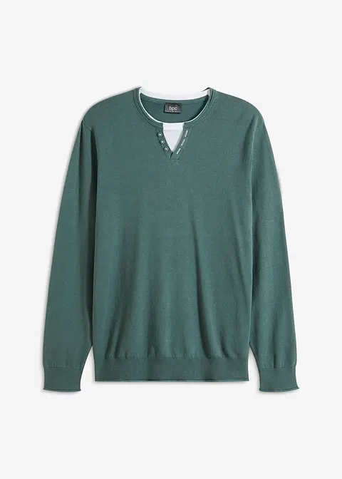 Pullover in 2 in 1 Optik mit reiner Baumwolle in grün von vorne - bonprix