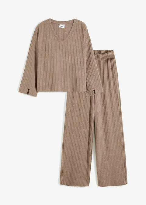 Loungewear Hausanzug mit weitem Bein aus weicher Rippe in braun von vorne - bonprix