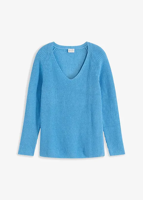 Gerippter Pullover aus reiner Baumwolle in blau von vorne - bonprix