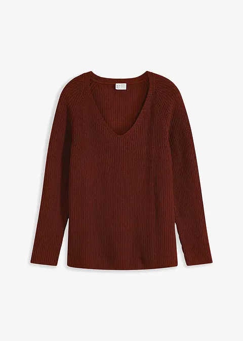 Gerippter Pullover aus reiner Baumwolle in braun von vorne - bonprix