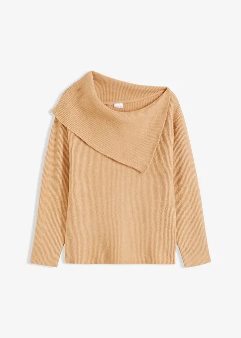 Pullover mit großem Kragen in beige von vorne - bonprix