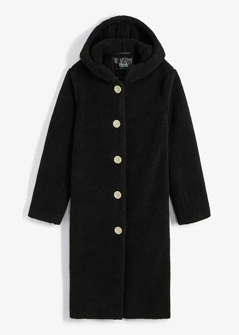 Teddymantel mit Kapuze und Taschen in schwarz von vorne - bonprix