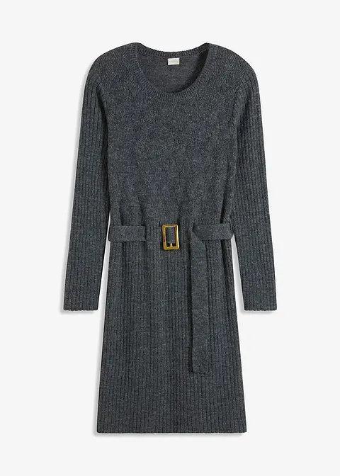 Strickkleid mit Gürtel in grau von vorne - bonprix