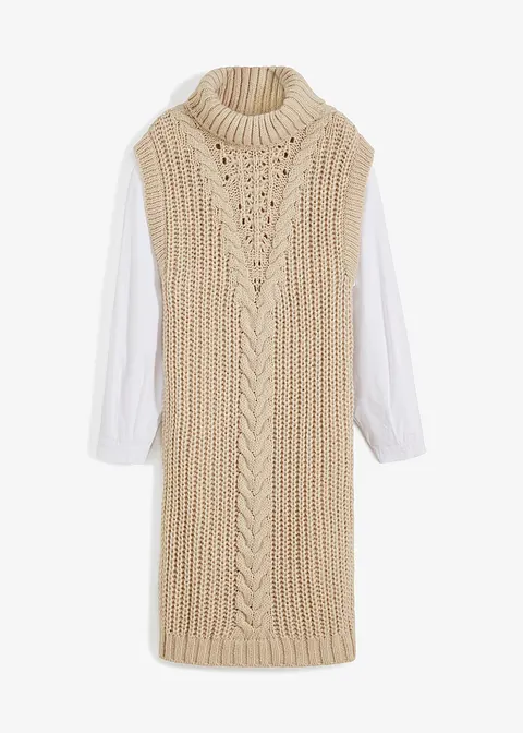 Strickkleid mit Bluseneinsatz in beige von vorne - bonprix