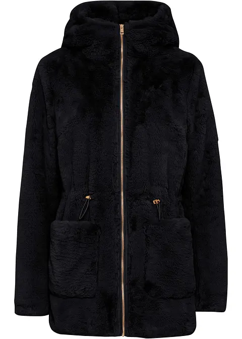 Lässige Fellimitat-Jacke in schwarz von vorne - bonprix