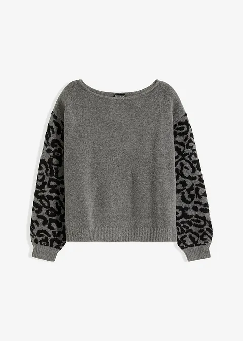 Oversize-Pullover mit Leo-Muster in grau von vorne - bonprix