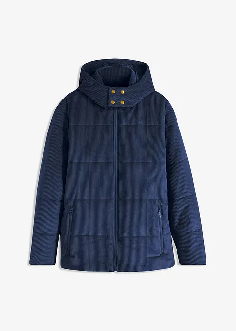 Cord-Steppjacke mit abnehmbarer Kapuze in blau von vorne - bonprix
