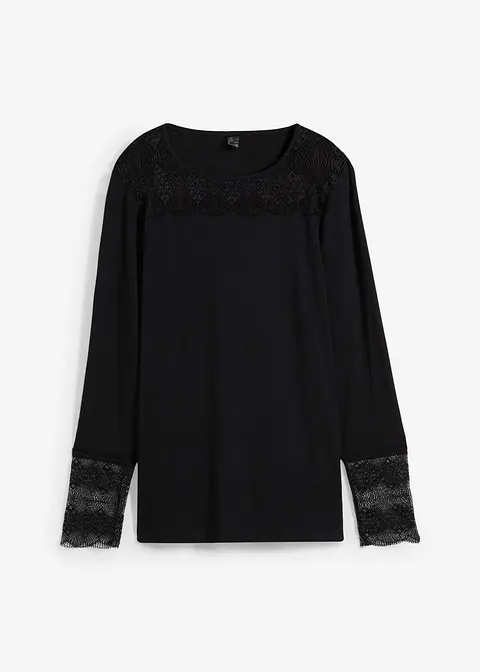 Langarmshirt mit Spitze in schwarz von vorne - bonprix