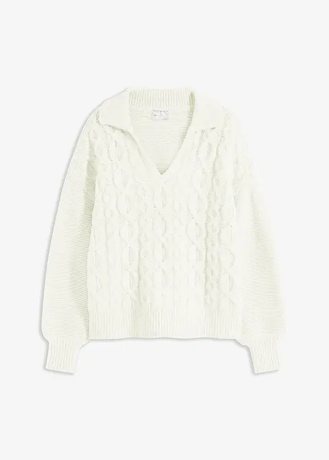 Oversize-Pullover mit Zopfmuster in weiß von vorne - bonprix