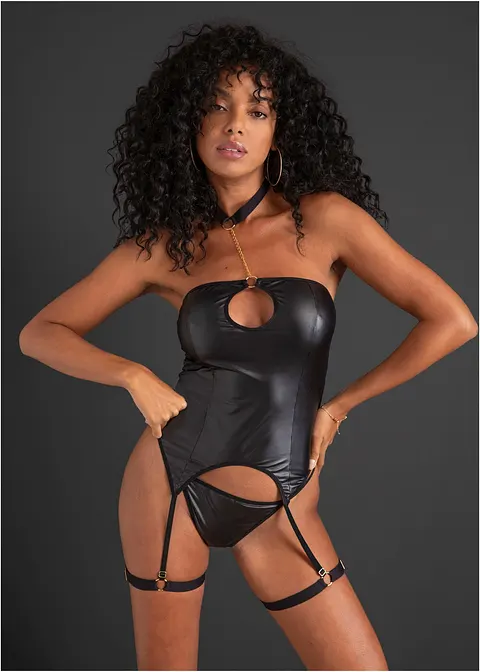 Corsage mit Strapshalter aus Wetlook und String (2-tlg.Set) in schwarz von vorne (Totalaufnahme) - VENUS