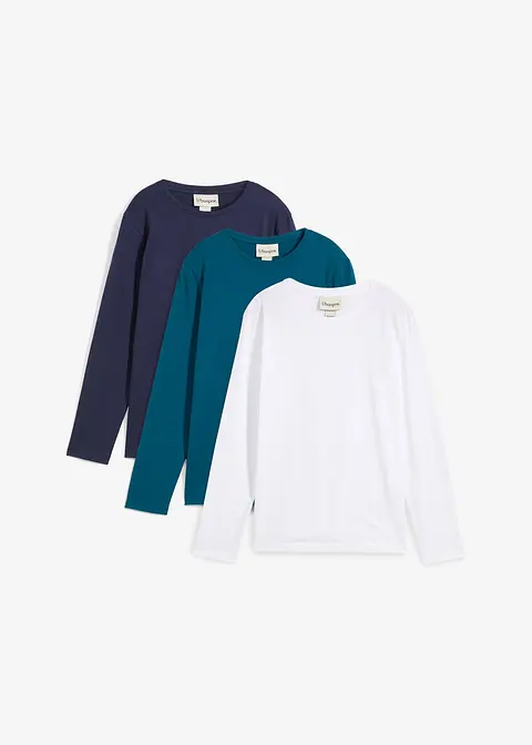 Langarmshirt mit Bio-Baumwolle (3er Pack) in petrol von vorne - bonprix