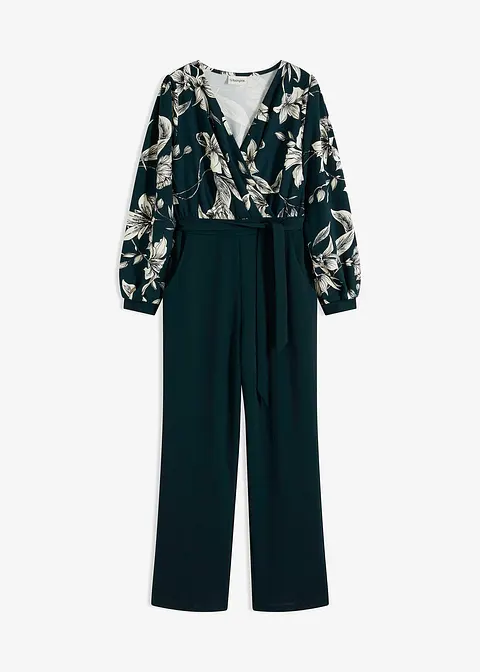 Jersey-Jumpsuit mit Wickeloptik in grün von vorne - bonprix